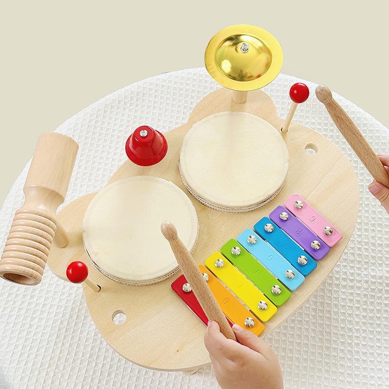 Wooden Music Table Toys For Baby Kids Xylophone Drum Shaker Set Montessori Tactile Educational Plaything For 6-18 Months Newborn Present