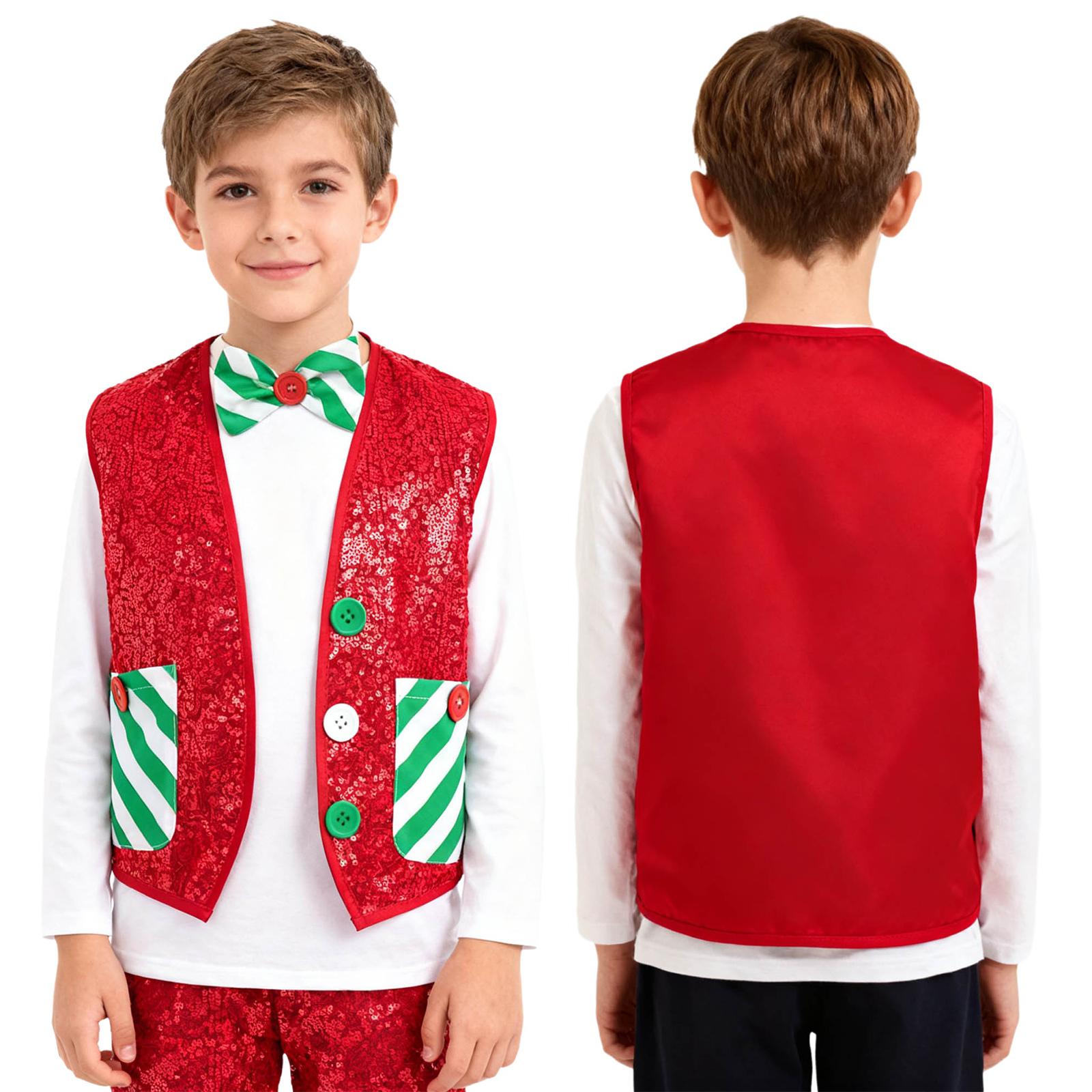 

Boys Christmas Vest with Sparkly Sequins Sleeveless Santa Elf Waistcoat Bow Tie for Dance красный
