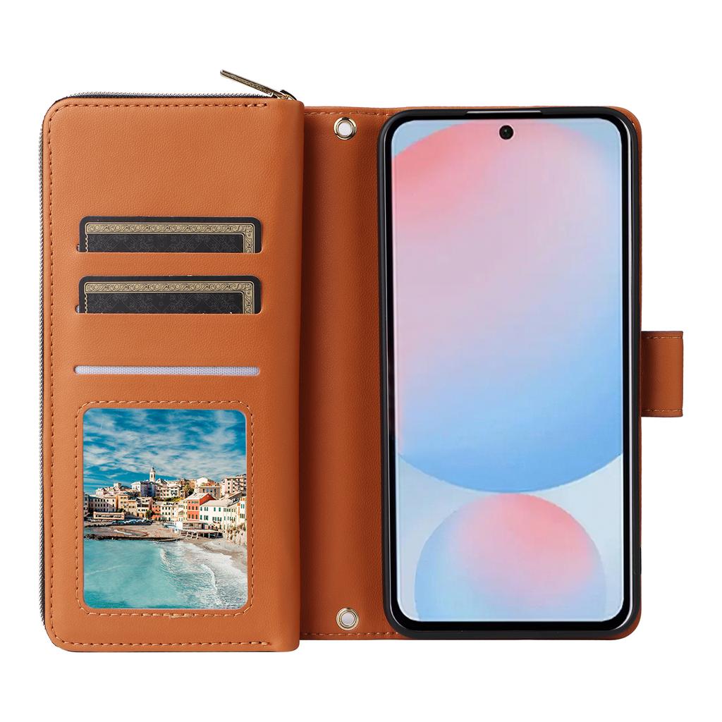 Pro Samsung Galaxy A36 5G Pouzdro 9 přihrádek na karty Kapsa na zip Kryt telefonu z PU kůže s popruhem na zápěstí