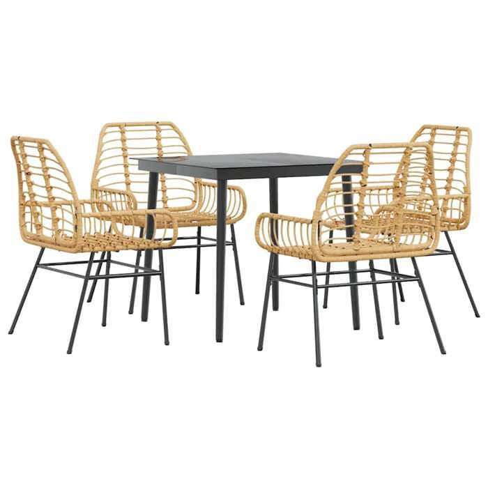 VidaXL 5pcs Brown Poly Rattan Glass Garden Dining Set, Outdoor Dining Set, Dining Room Furniture 3334444