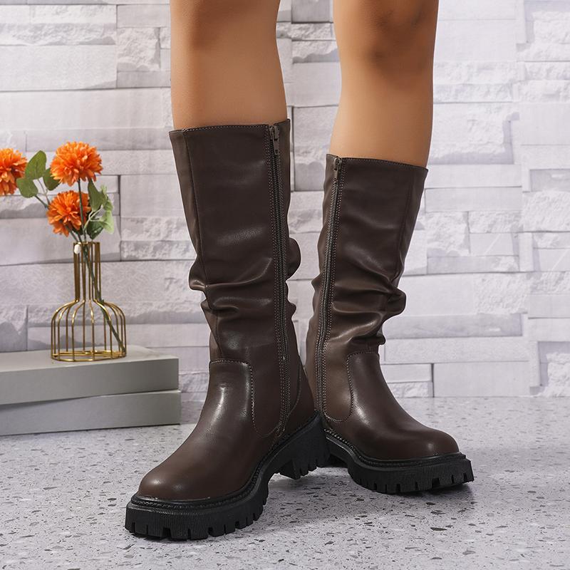 Plus Size Punk Platform Mid Calf Boots Women 2024 Side Zipper Pleated Pu Leather Boots Woman Thick Sole Brown Botas Mujer 43
