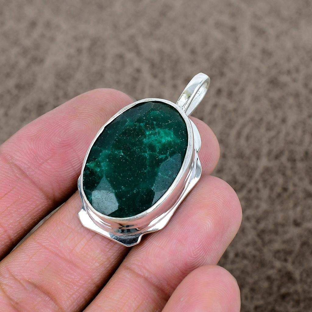 Green Jade Gemstone Handmade 925 Sterling Silver Jewelry Pendant 1.81" KKG-373