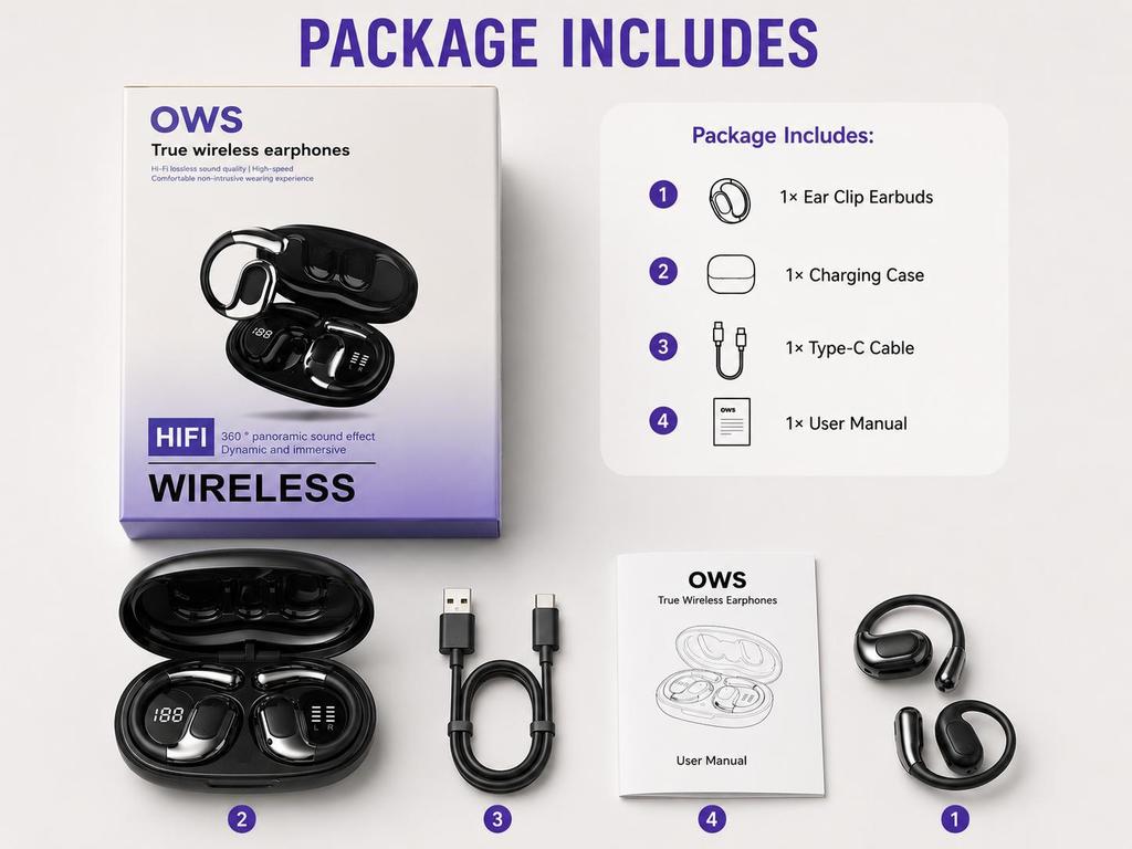 Open Ear Wireless Headphones Bluetooth 5.4, Comfortable Lightweight Earphones with LED Display, Touch Control & Type-C Charging