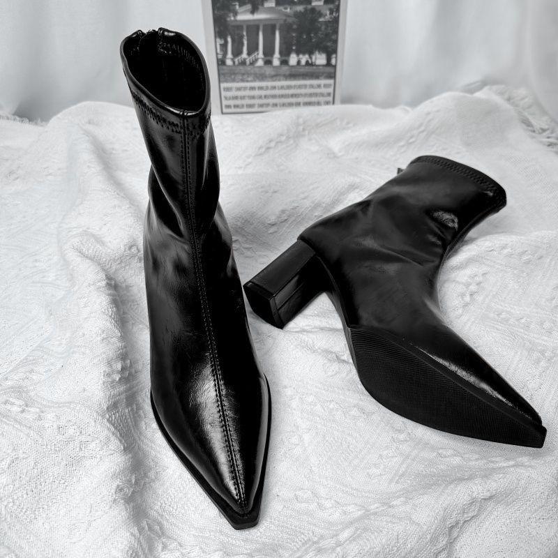 Fashion pointed thick heel fashionable good-looking retro short boots women's rear zipper thin boots women's foreign style