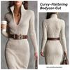 Rochie pulover midi cu nervuri pentru femei, gât în V, guler răsucit, mânecă lungă, mulată, croială slim, rochie de toamnă-iarnă cu curea inclusă