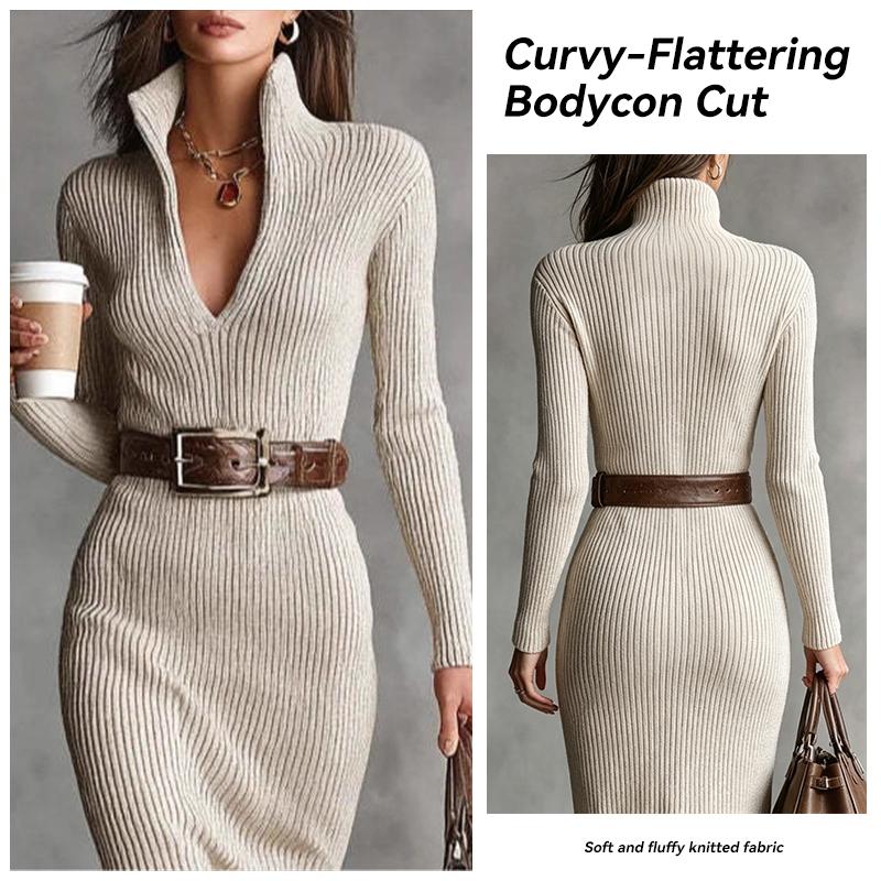 Rochie pulover midi cu nervuri pentru femei, gât în V, guler răsucit, mânecă lungă, mulată, croială slim, rochie de toamnă-iarnă cu curea inclusă