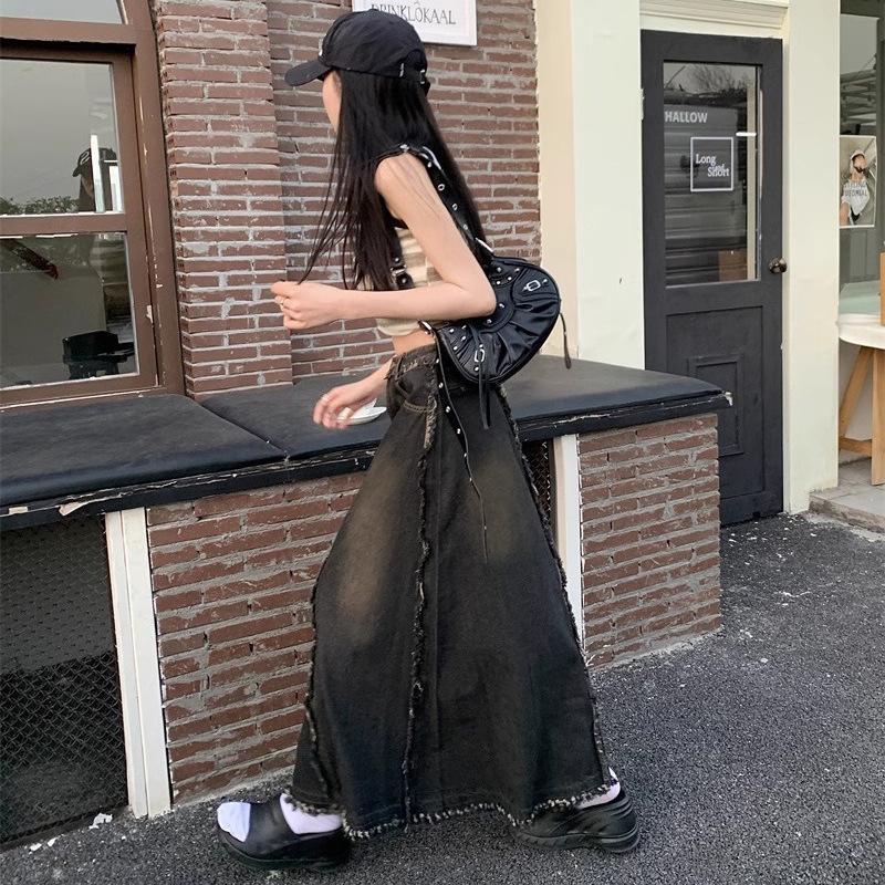 Women's Black Denim A-Line Midi Skirt with Raw Hem for Spring/Autumn 2025