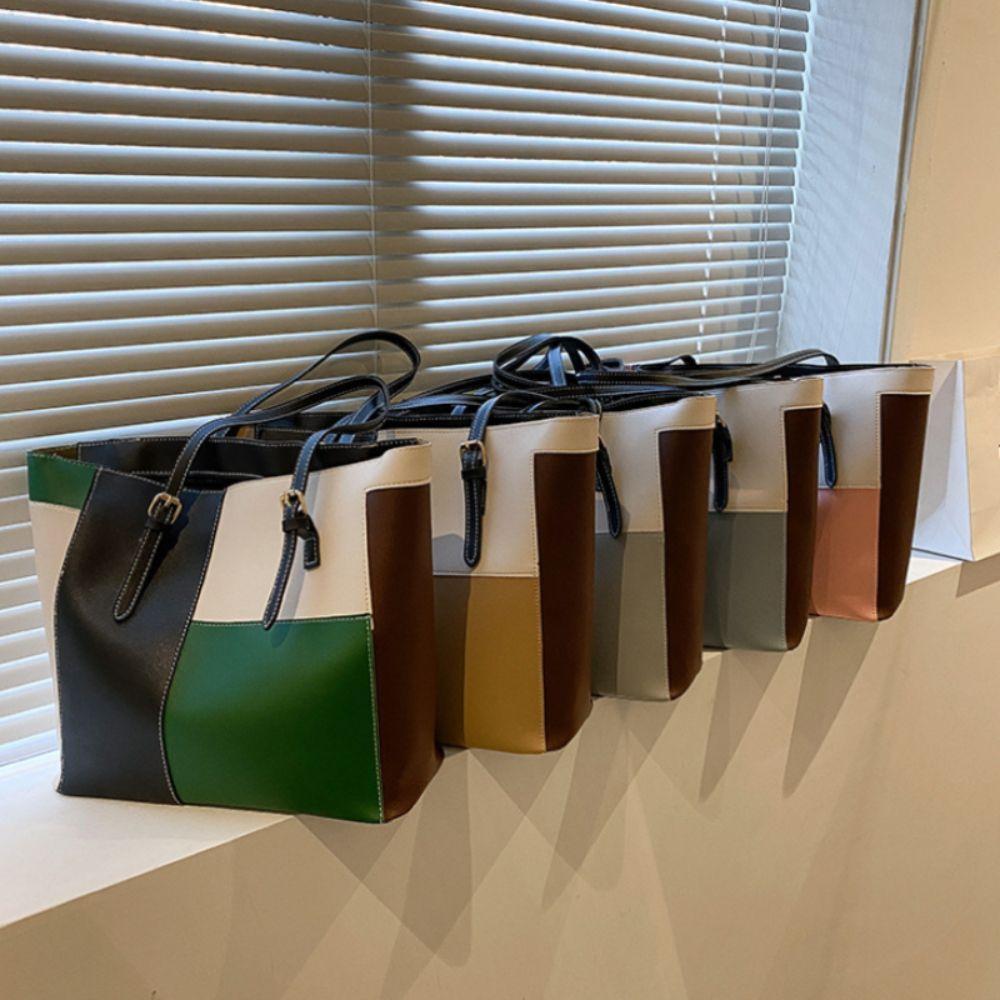Fashion Splicing PU Tote Bag, Lightweight Handbag, Large Capacity Simple Commuter Shoulder Bag, Women's Bags