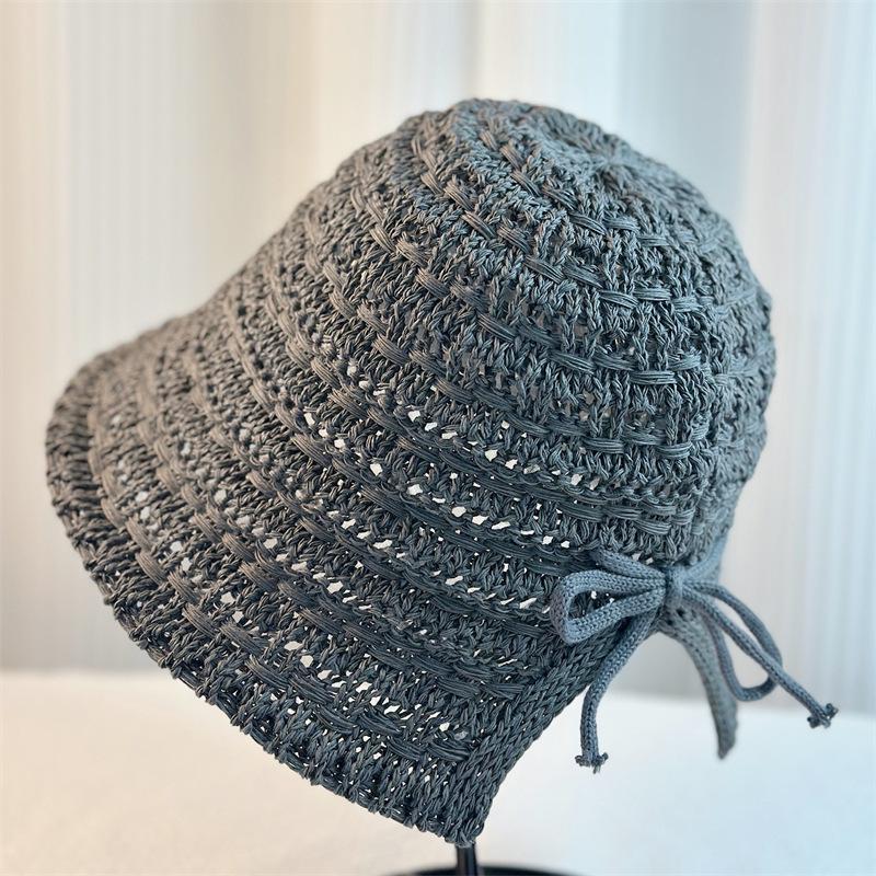 

Women Fisherman s Hat Summer Fashion Knitted Hollow Paper Straw Bucket Hat Breathable Beach Cap Wide Brim Sun Cap 54-59cm темно-сірий