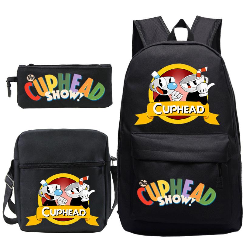 Cartoon Teacup Head Cuphead Student School Bag Backpack Three-piece Set Children's Shoulder Bag Pencil Bag