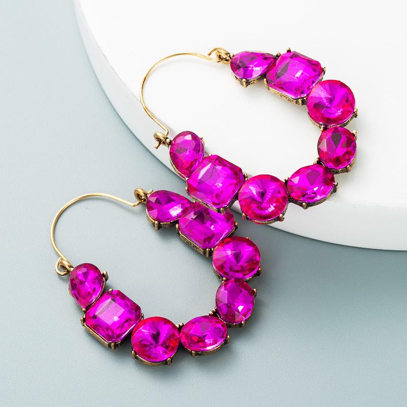 Women Hoop Earrings Exaggerate Geometric Alloy Inlaid Color Rhinestone Temperament Super Flash Full Crystal Small Earrings