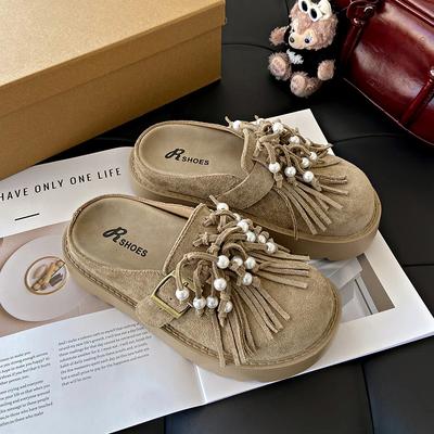 Damesmode Baotou Pantoffels Lente Nieuw Suède Ronde Neus Diepe Mond Dik Antislip Slijtvast Platte Schoenen