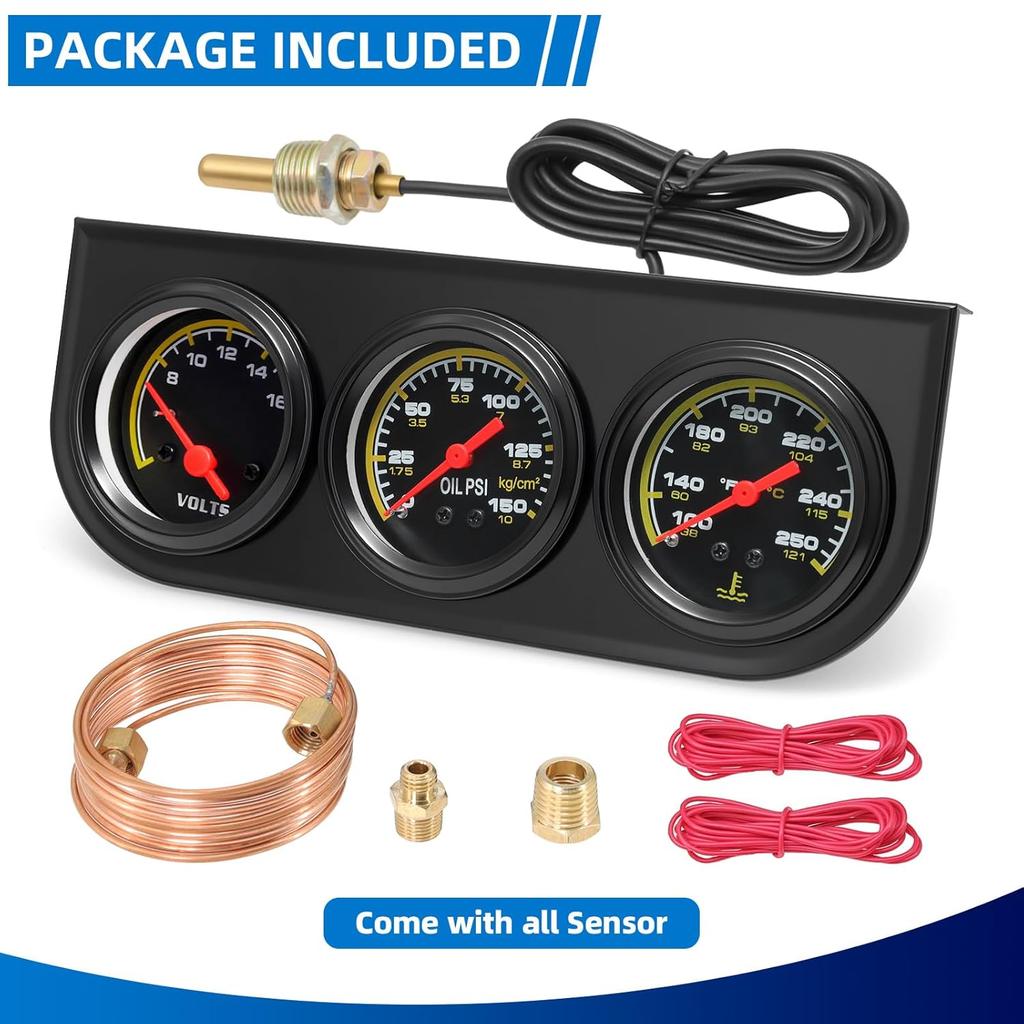MH 2Inch 52Mm Triple Gauge Set, Oil Pressure Gauge (0-150PSI) Water Temperature (100°F-280°F) Voltmeter Car Auto 3 Gauges Kit