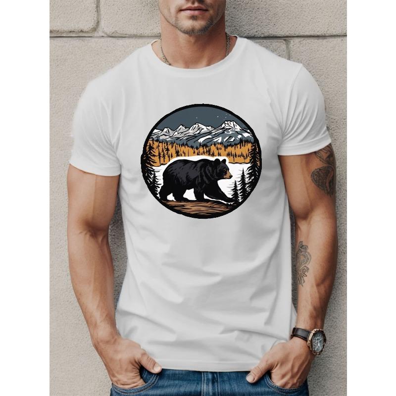 European Size Big Black Bear Print T Shirt, Tees For Men, Casual Short Sleeve T-shirt For Summer