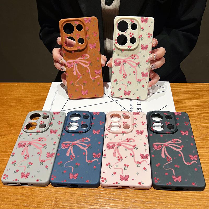 Schleife Blumenmuster Weiche Matte Hülle Für Xiaomi 13T Pro Poco X7 X6 M6 Pro Redmi Note 14 Pro 13 12 11 TPU Ledertextur Stoßfest Schlanke Handyhülle