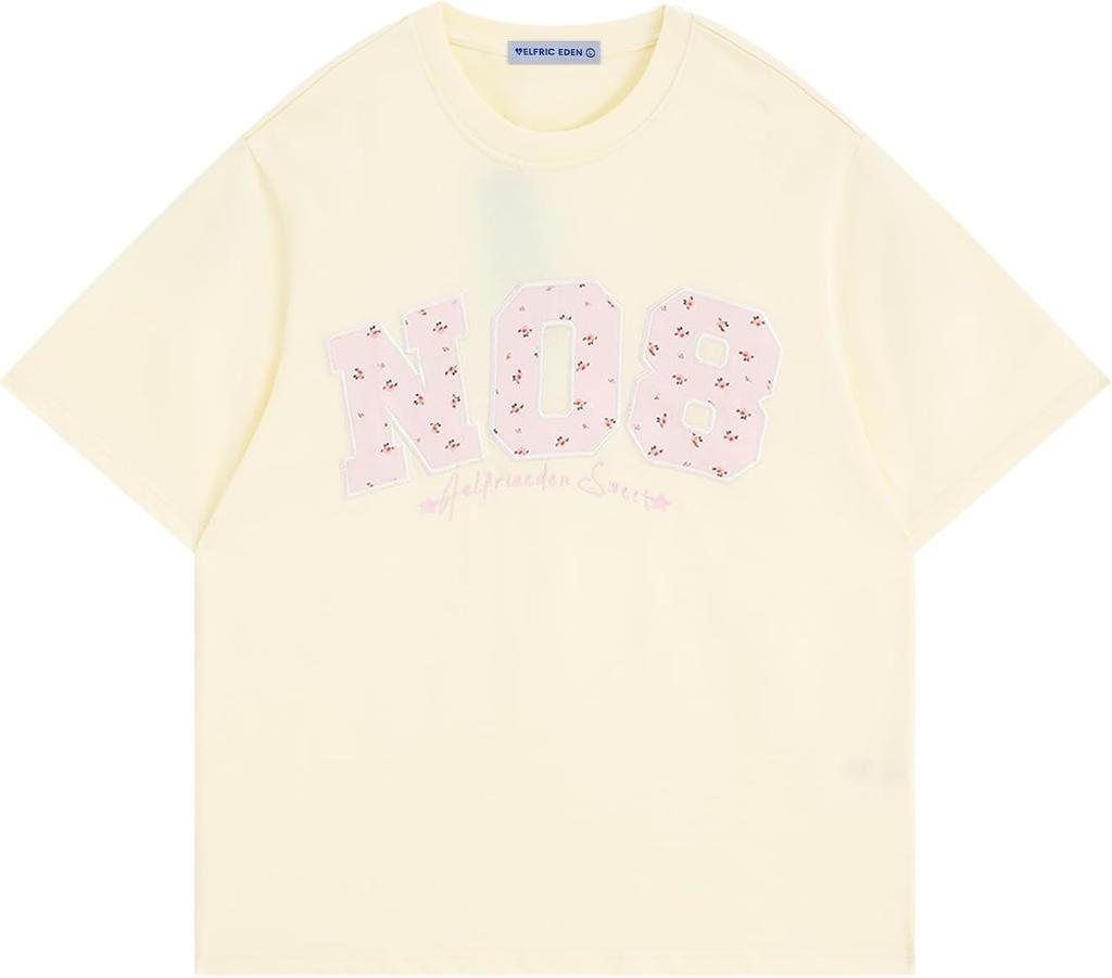 Aelfric Eden Womens Oversized Graphic Tees Y2k Flower Embroidery Number Print T-Shirts Crewceck Summer Tops
