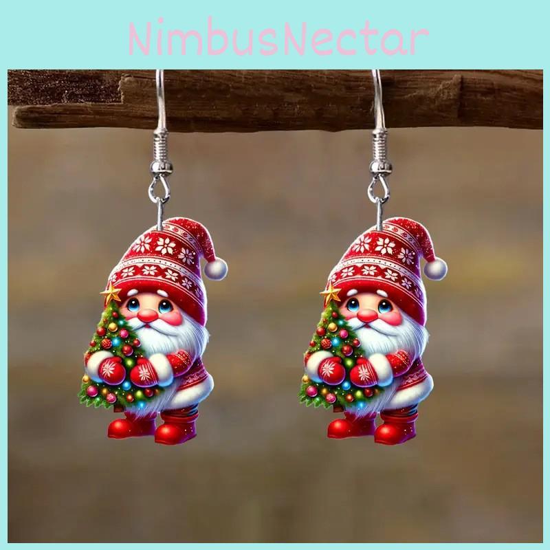 Christmas Themed Santa Claus Holding Tree Pattern Women Acrylic Earrings For Holiday Events
