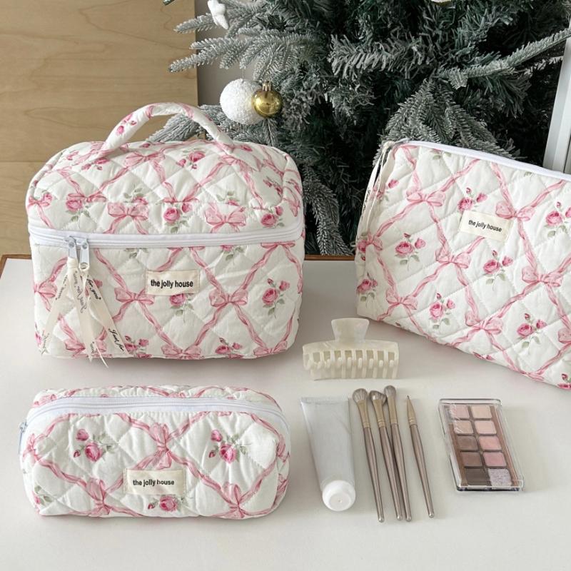 Cute Bow Cotton Cloth Makeup Bag Women Zipper Cosmetic Organizer Female Handbag Box Shape Portable Toiletry Case for Girls
