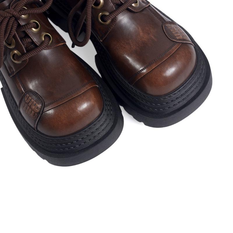 Fashion Women's new leather cowhide round toe high-heeled lace up college style single shoe with thick sole retro casual shoes