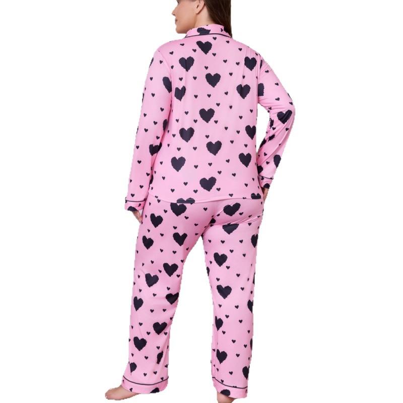 Plus-Size Women's Heart-Print Cardigan Collared Long-Sleeve Long-Pants Pajama Set for Women