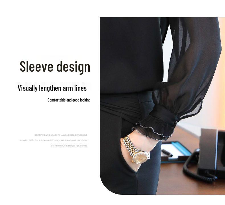 2025 Black Chiffon V-Neck Blouse: Women's Long Sleeve Loose Spring Shirt