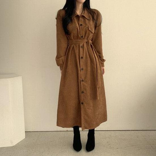 

Women s Corduroy French Retro Lapel Dress with Tie Waist - Korean Chic Autumn/Winter Style Medium хаки