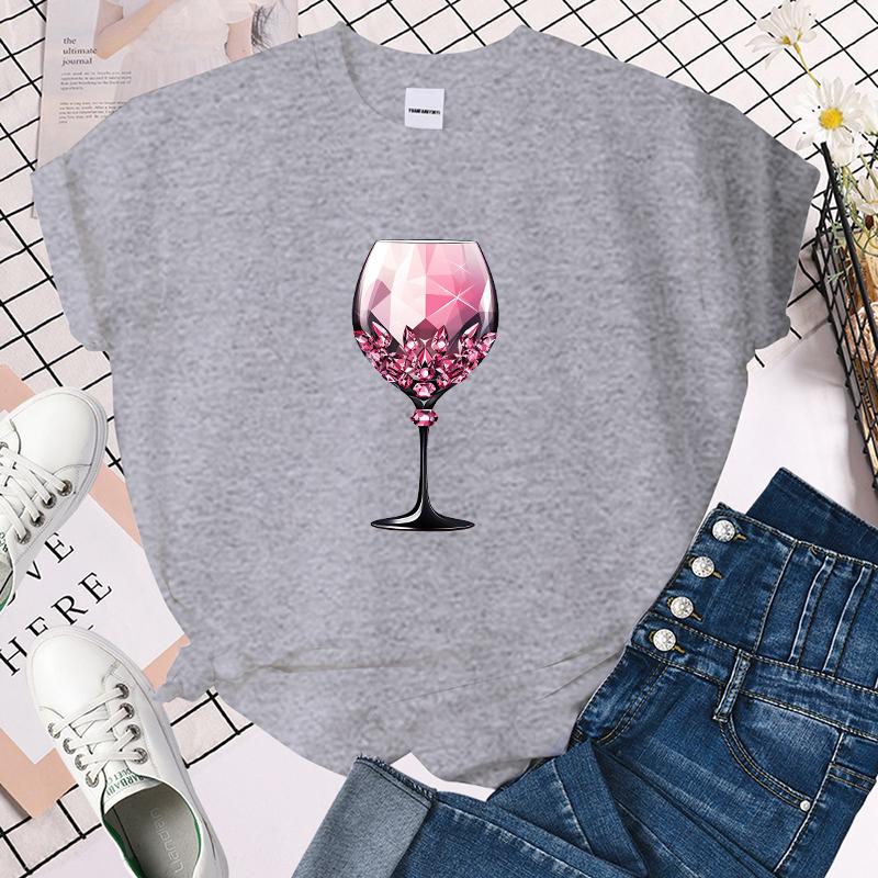 (Premium T-shirt)Pink Wine Glass T-Shirt Women T Shirt Cosplay Clothes Streetwear Tee Shirt Plus Size Tops
