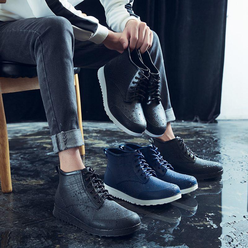 New Lover Lace-up Rain Boots Men Outdoor Non-slip Waterproof Work Water Boots Fashion Couple Ankle Platform Rainboots Size 36-45