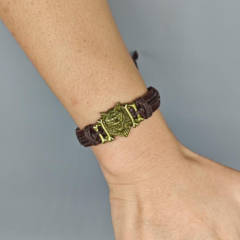 Men's Punk Leather Bracelet with Tibetan Wolf Head - Multi-Layer Woven Cord, Perfect Gift for Boyfriend