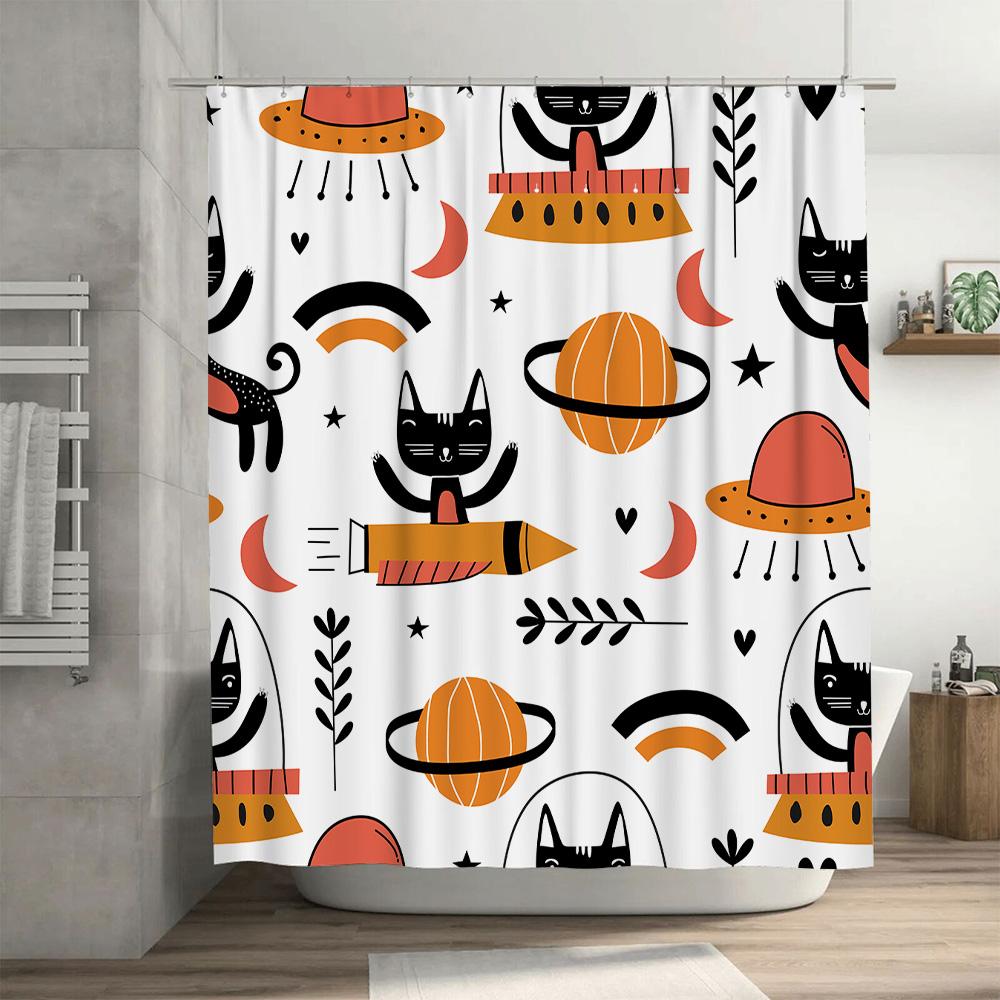 Black Cats Space Shower Curtain for Bathroom Decor Orange Rockets Planets UFOs Cartoon Print Waterproof Fabric Bath Mat Set with
