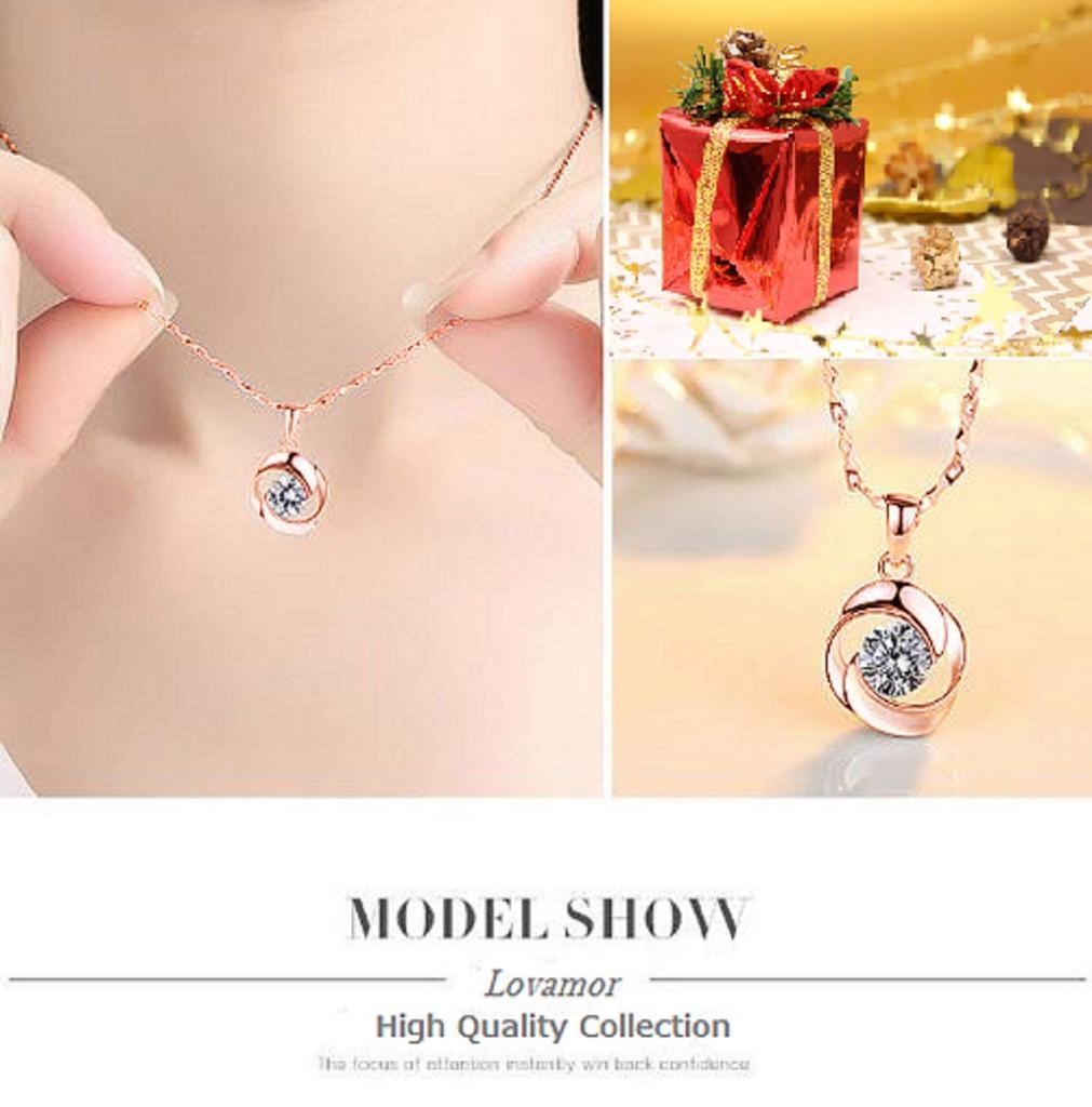 Women's Necklace with Single Diamond and CZ Diamond Flower Design (Pink Gold)
