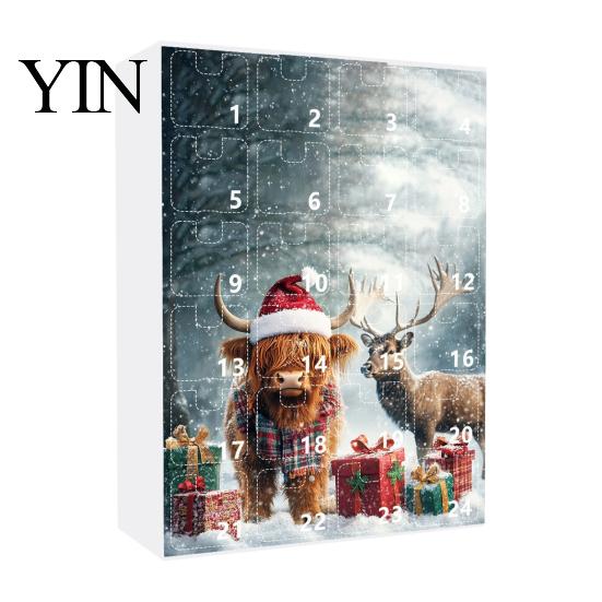 Decorative Acrylic Ornaments for Windows Doors Christmas Advent Calendar, 24 Day Countdown Box with Highland Cow Hanging Tree Pendants, Festive Decor,