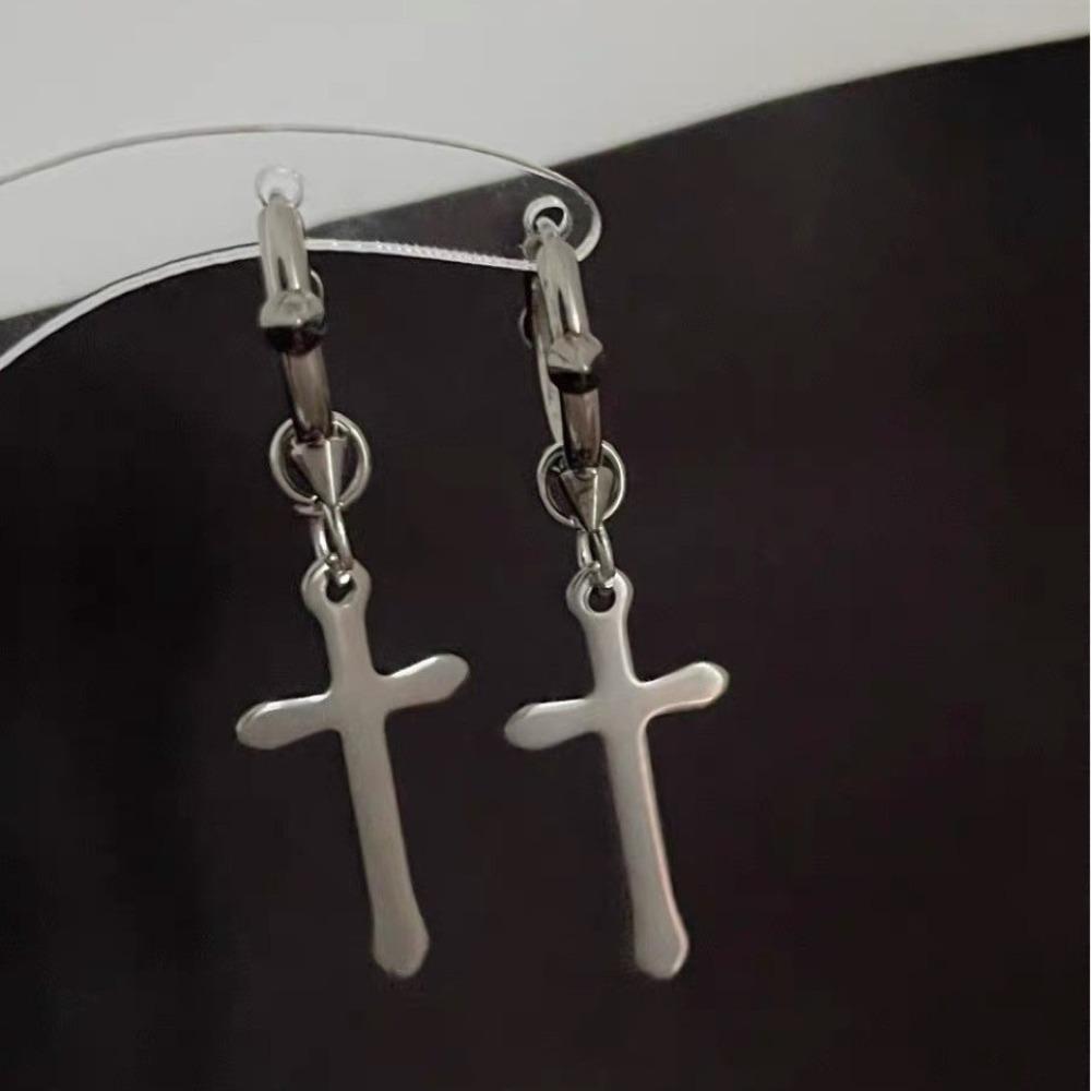 Trend Personality Geometry Sliver Color Cross Pendant Rivet Hoop Earrings for Women Men Gothic Punk Piercing Jewelry Accessory