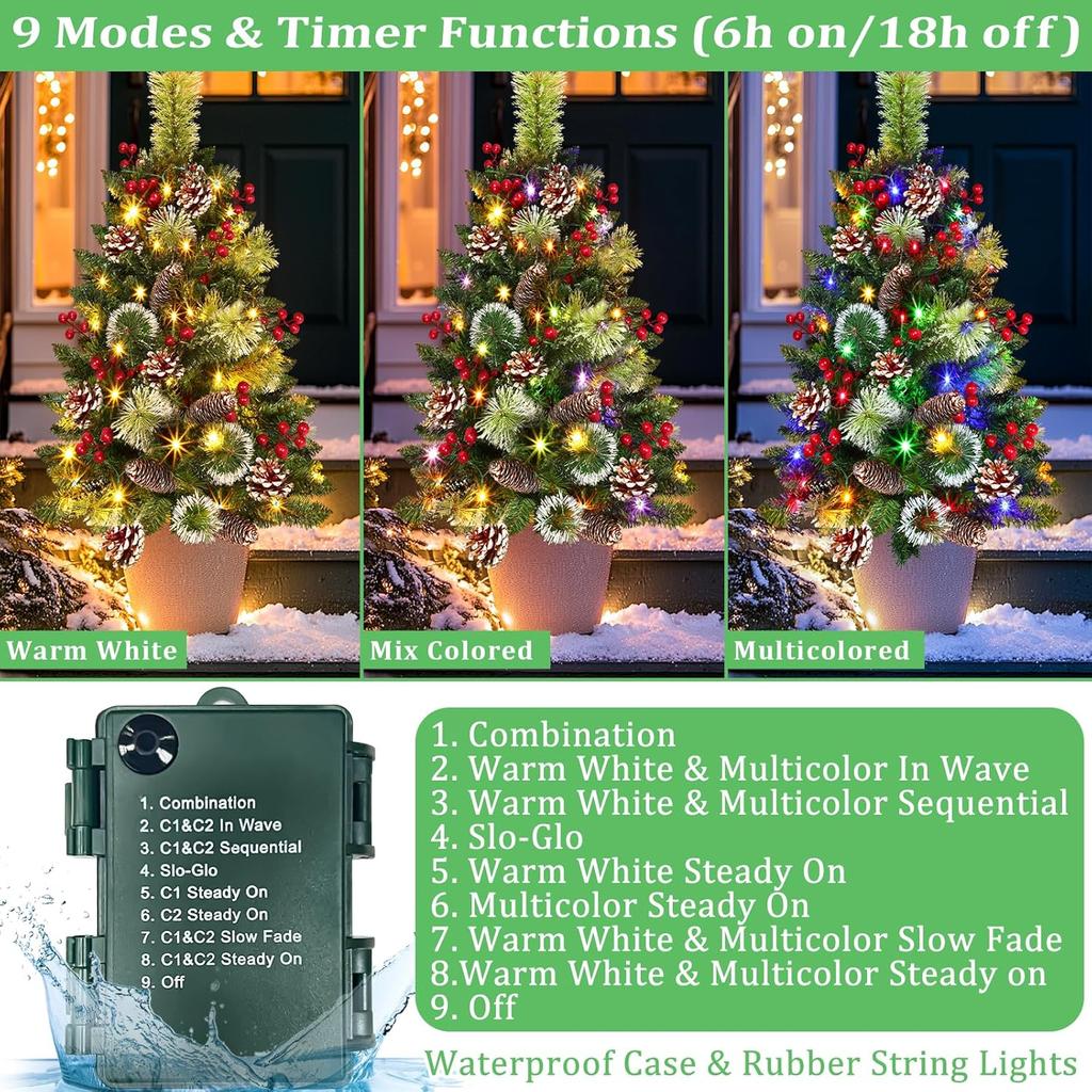 Outdoor Christmas Tree 2 Pack 33' with 50 Lights, 8 Modes Timer, Battery Operated, Pinecones & Berries for Yard, Porch, Planter