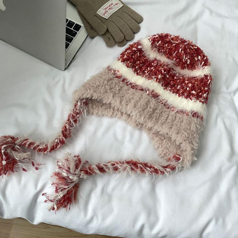 Striped splicing knitted ear protector children autumn and winter thickened warm wool cap pullover cap plush Lei Feng hat tide