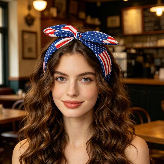 Women Headband USA Flag Independence Day Theme Three-Dimensional Rabbit Ear Bow Shape Headband Sponge Filling Non-Slip Hair Hoop