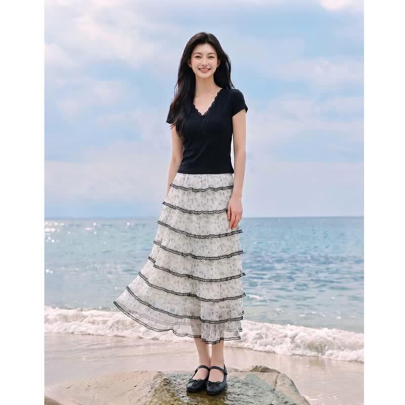 Floral Ruffle High-Waisted Midi Skirt XL