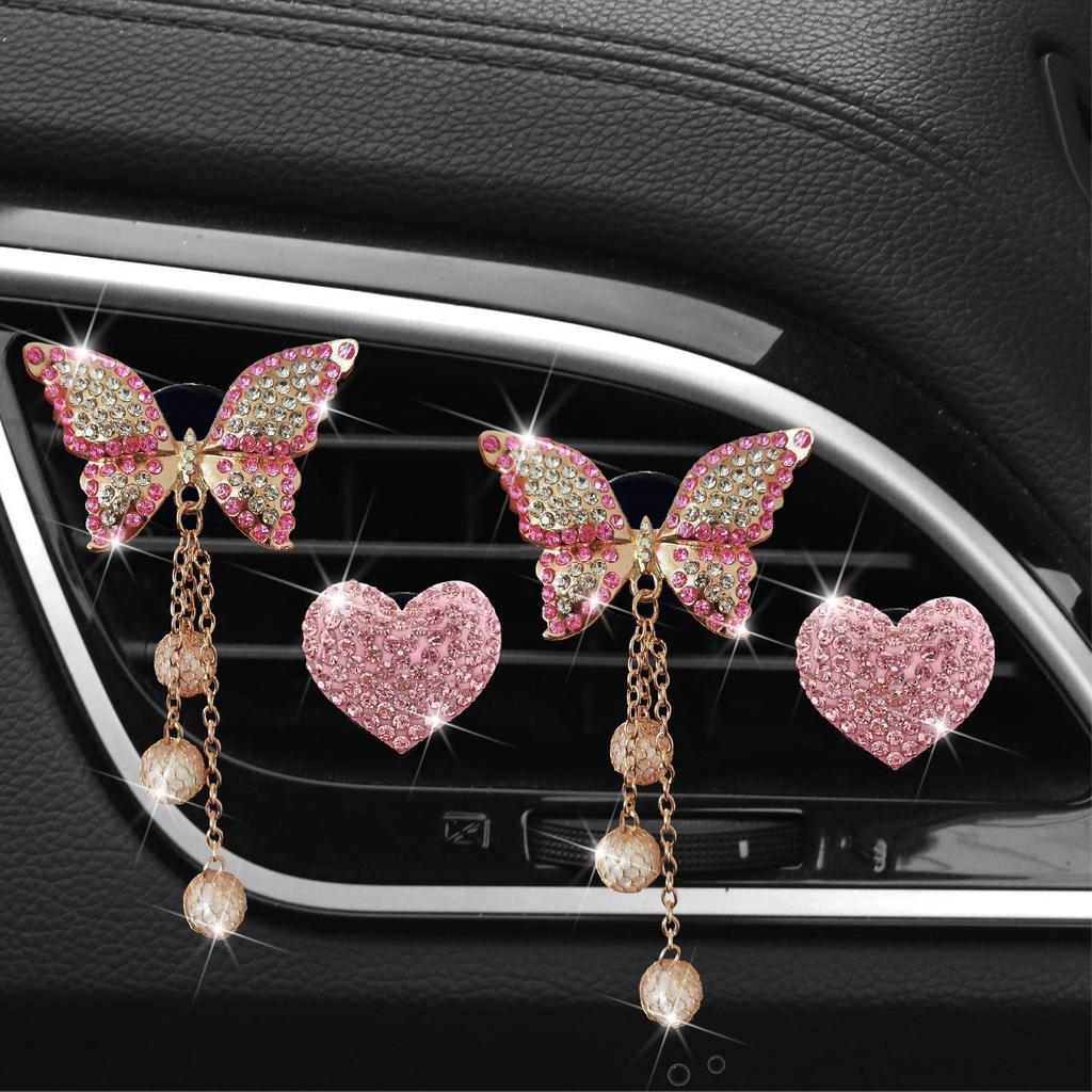 Pink Heart & Butterfly Air Vent Clips, 4 Pcs Bling Heart & Butterfly Air Fresheners Vents Clips Diamond Car Interior Decor Bling Cute Pink Car