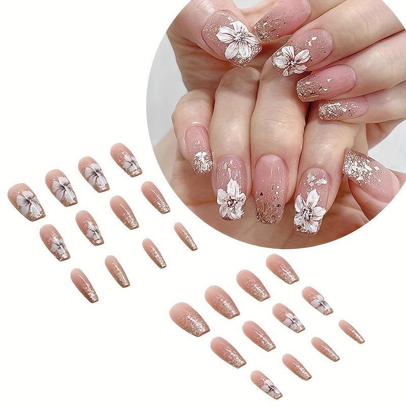 24pcs Long Ballerina Shape Press On Nails, Fake Nail With Flower Decor, Glitter Full Cover Nails For Women