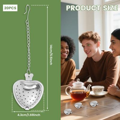 20Pcs Tea Strainer Stainless Steel Heart Shape Tea Infuser with Handle and Hook Rust Resistant Tea Strainer Infuser For Cup