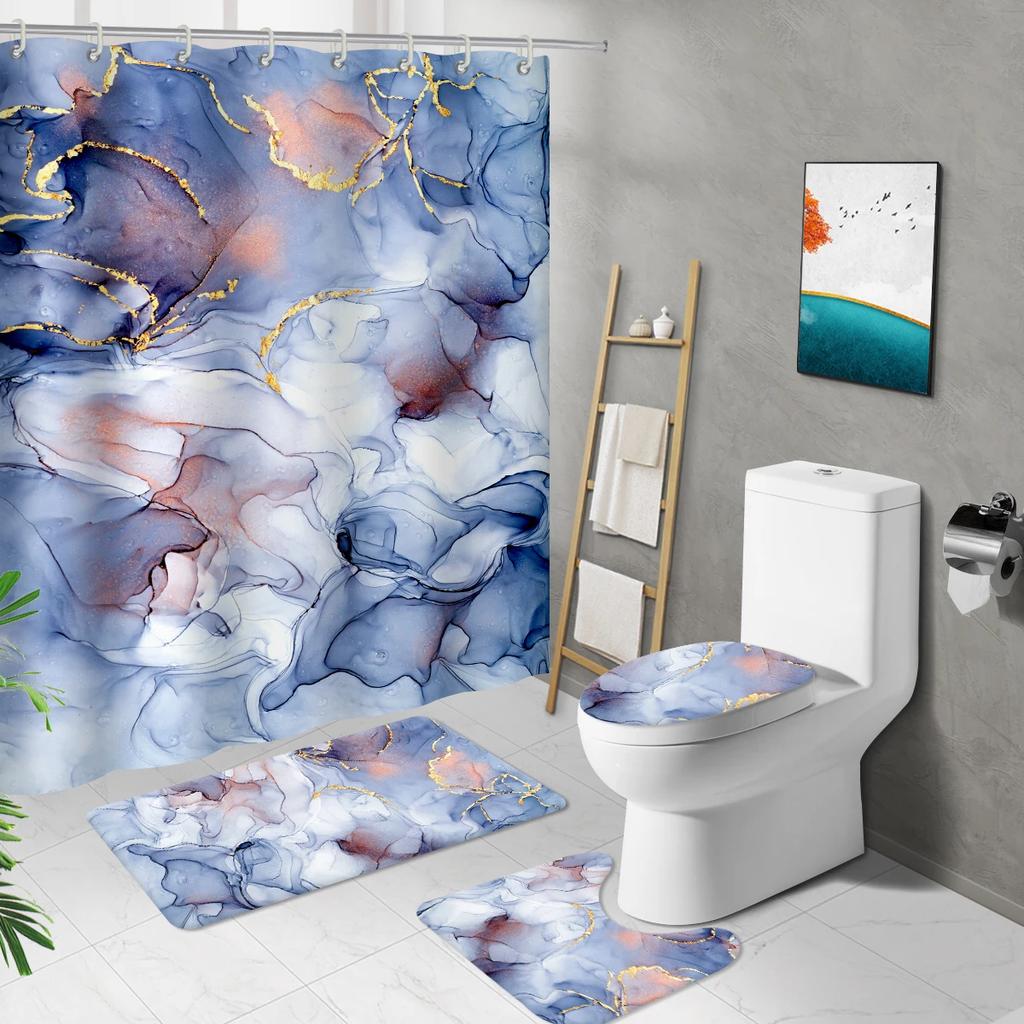 Marble Stain Print Long Shower Curtain Set Bathroom Mat Set Toilet Cover Non-Slip Bath Rug Waterproof Bathtub Decor With Hooks