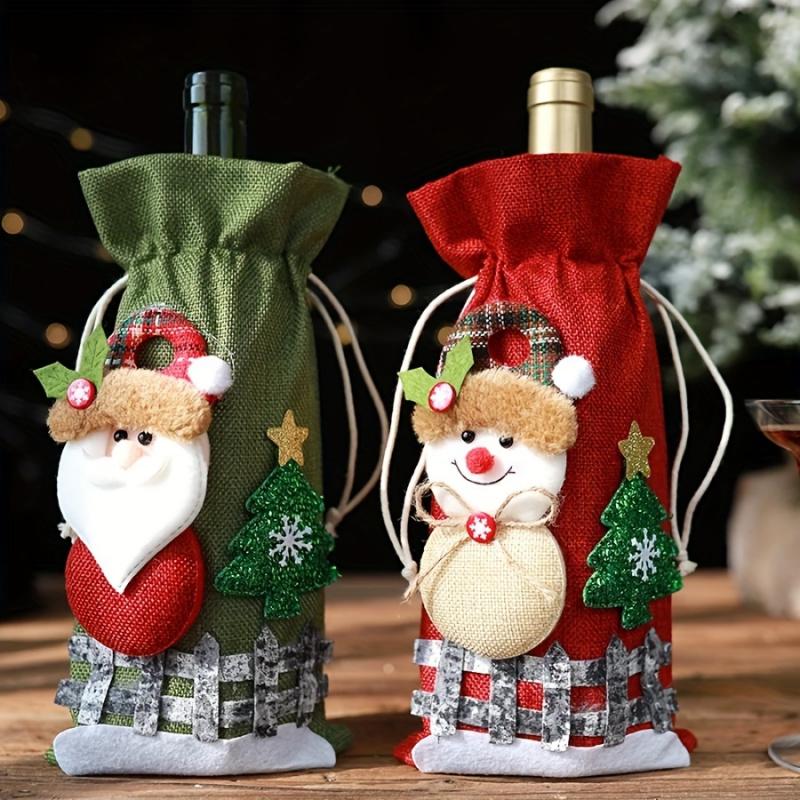 1Christmas Wine Bottle Bag Holiday Party Table Decorations Santa Claus Snowman Cartoon Drawstring Wine Bottle Cover Doll Packagi