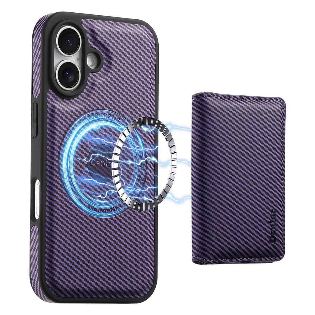 DENIOR For iPhone 16 Magnetic Case Carbon Fiber Texture Leather Back Cover with Detachable Card Bag