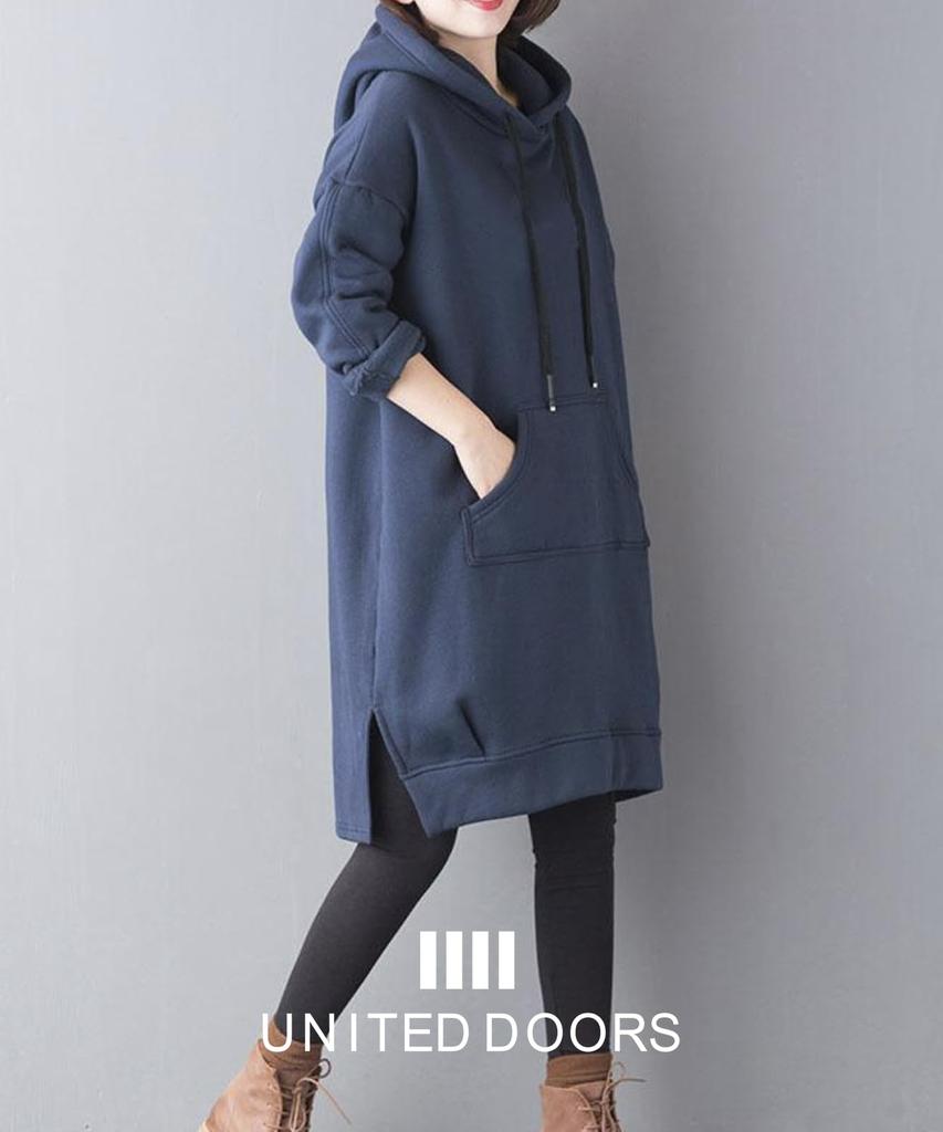 Doors Dress, Cut and Sewn Casual Dress, Stylish Harajuku Style, Oversized, Loose Fit, Long Parka, Blue, Size 4A-D13-BL2XL