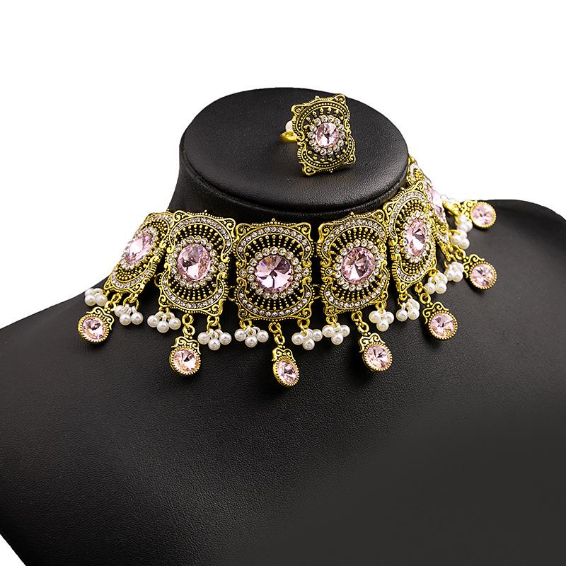 Vintage Gold Gemstone Necklace & Ring Set with Diamond Tassel