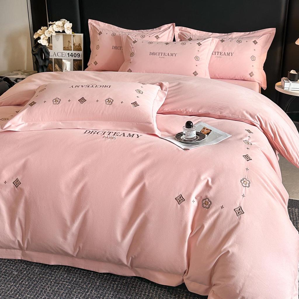 Elegant All-Cotton Flannel 4-Piece Bedding Set with Embroidered Duvet Cover and Skin-Friendly Bed Sheet