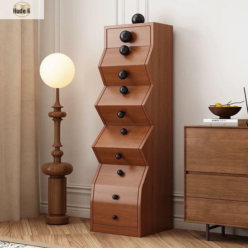 Solid Wood Irregular Five-Drawer Cabinet with Bead Design - Unique Living Room Storage Shelf