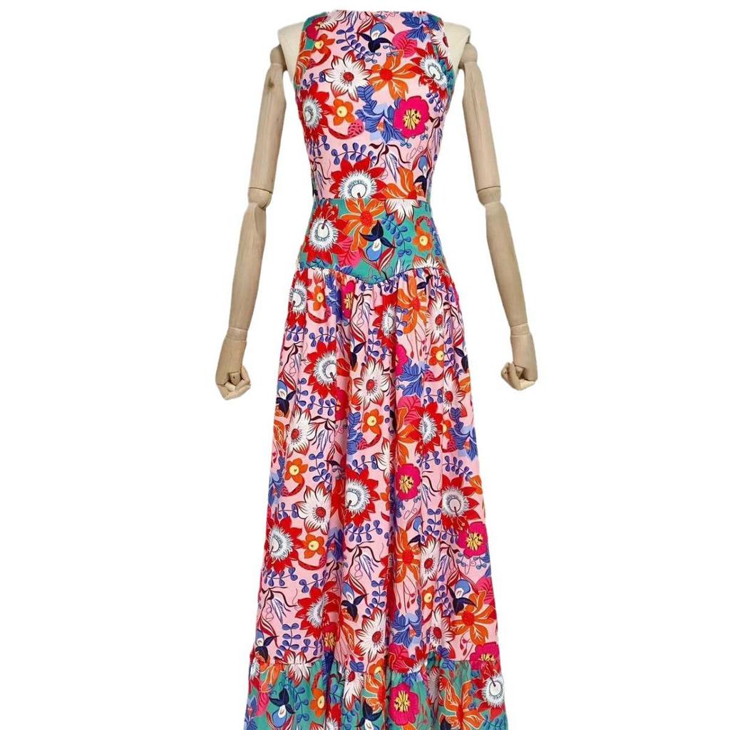 Morelowa sukienka szyfonowa halter z falbanami - Lato 2023 Bez ramiączek Koronkowa Bez rękawów Maxi spódnica