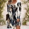 Women Criss Cross V Neck Long Sleeve Blue White Printed Fitted Curved Hem Dress