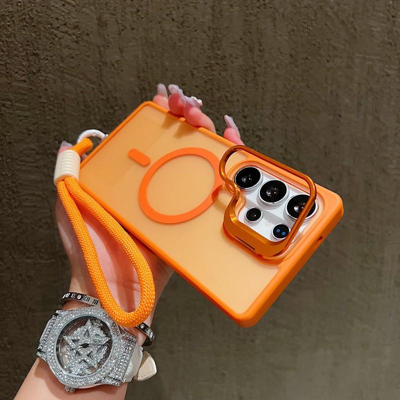 Metal Lens Holder Case For Samsung Galaxy S25 Ultra S23 S24 FE A56 A36 A16 Frosted Magnetic Wireless Charging Wrist Strap Cover